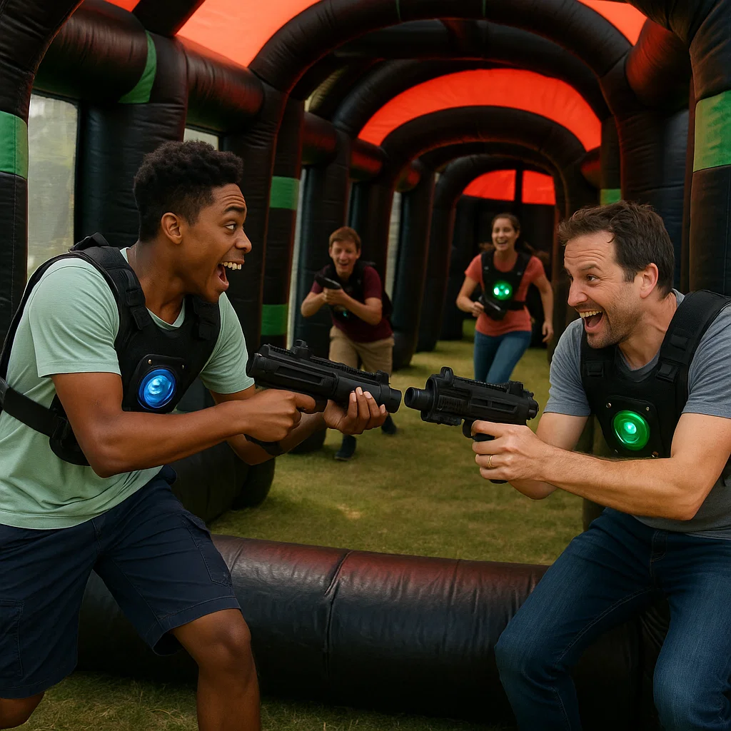 Laser tag rentals — players return gear to table