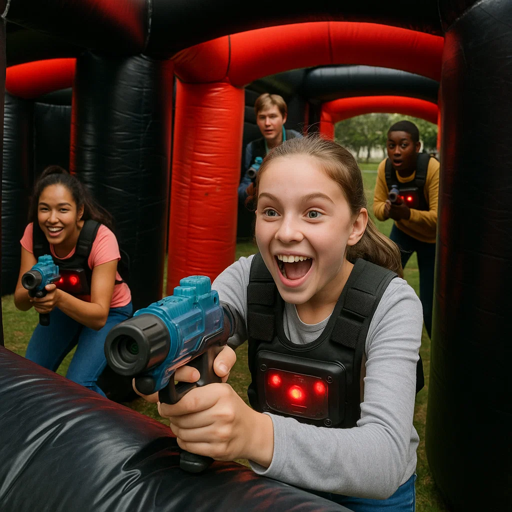 Laser tag rentals — teammates celebrate clean sweep round