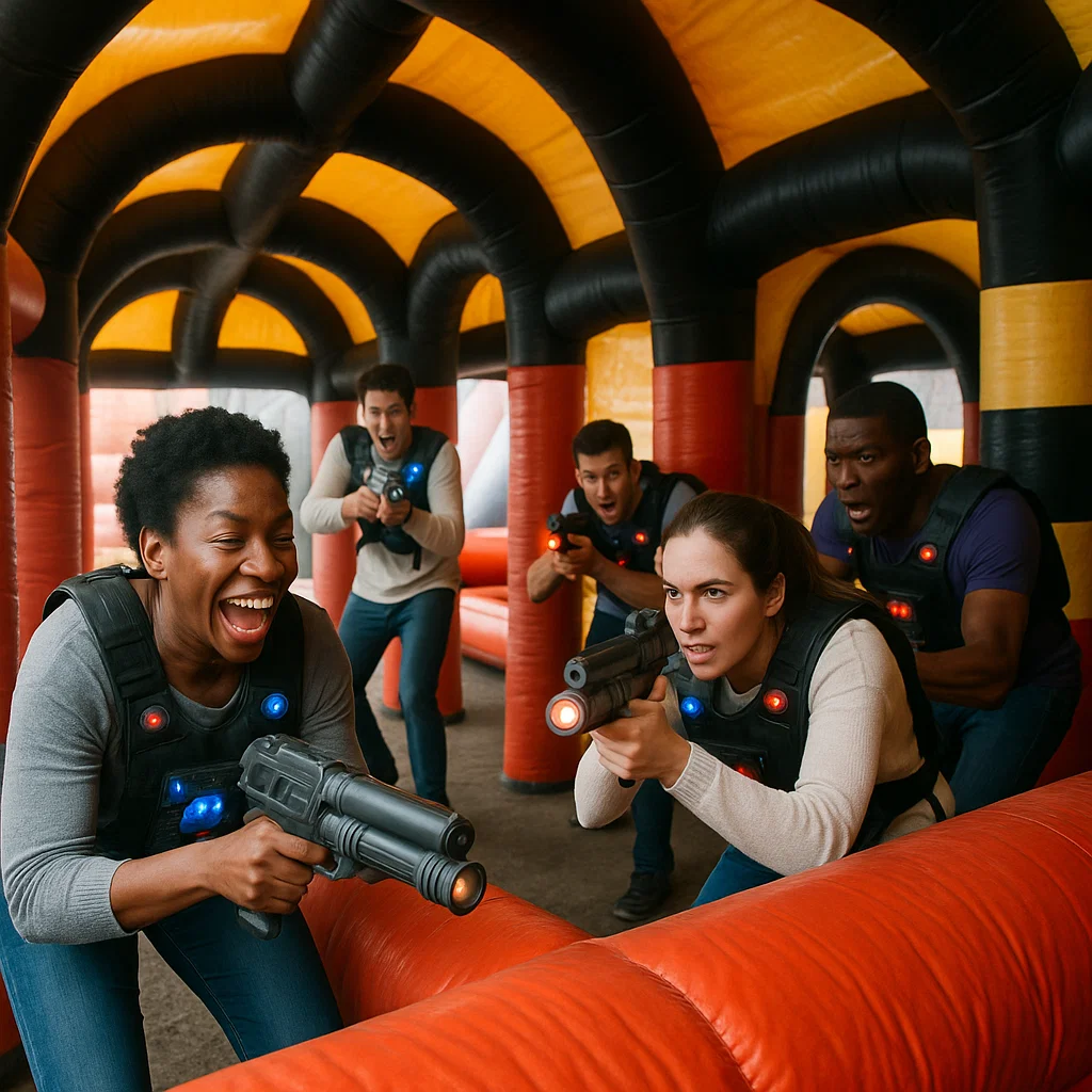 Laser tag rentals — kids pointing to glowing scoreboard