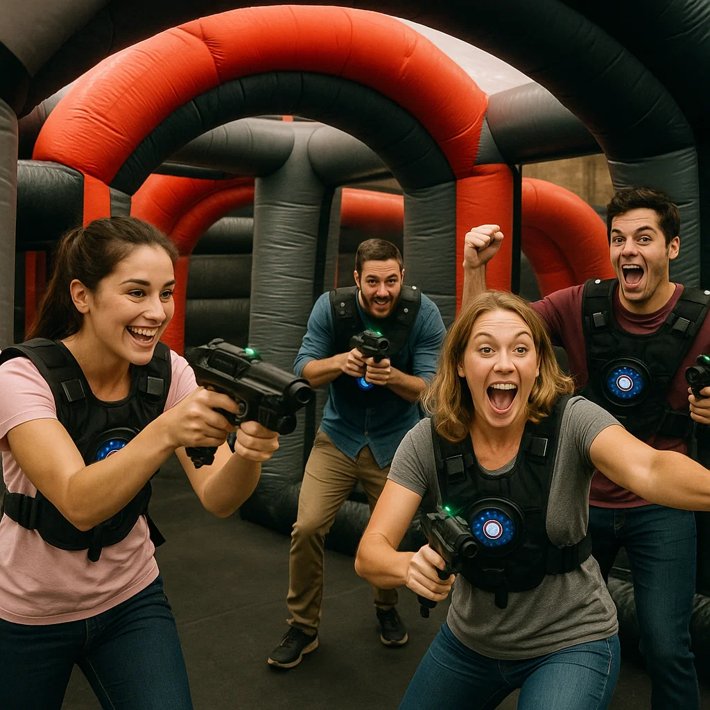 Laser tag rentals — friends trade stories after play