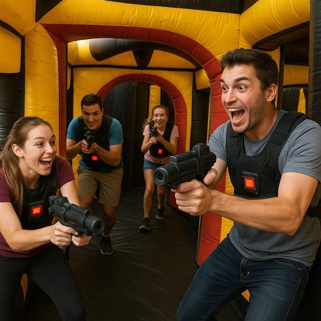 Laser tag rentals — arena entrance with excited faces