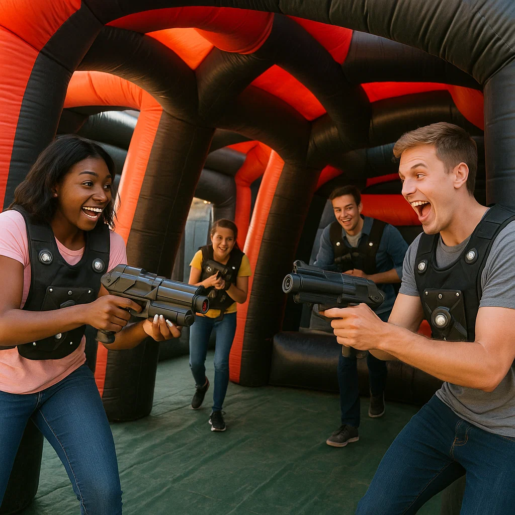 Laser tag rentals — coach demonstrates proper grip