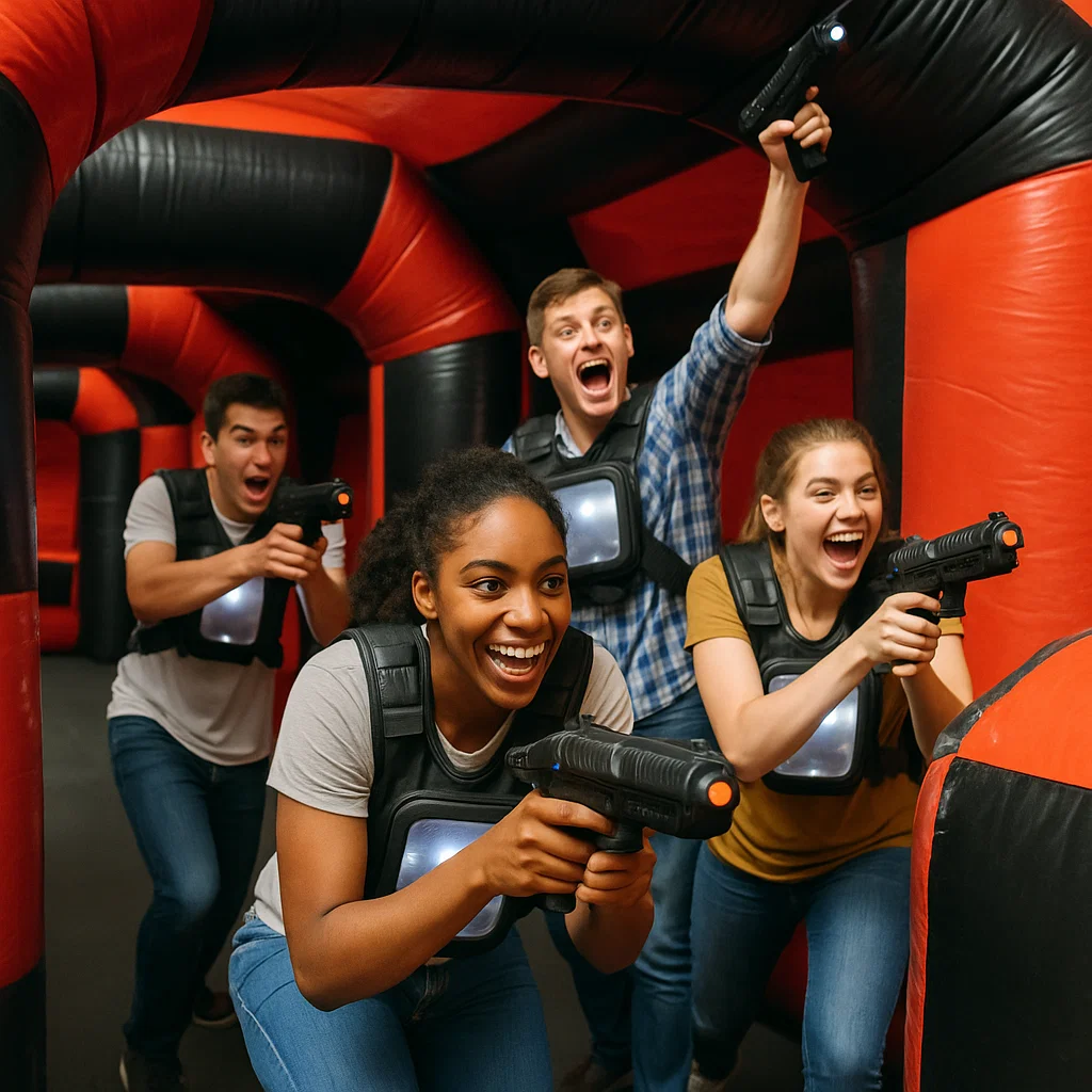 Laser tag rentals — team cheer echoes in gym