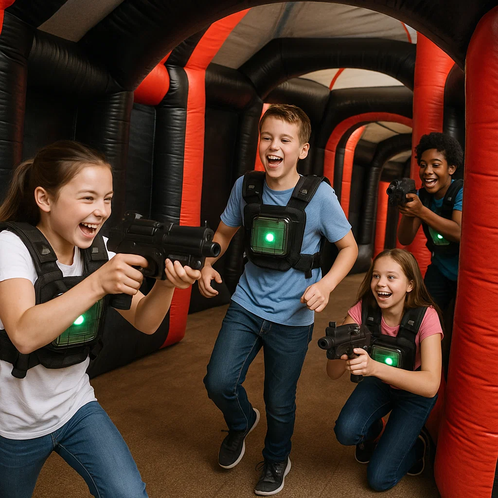 Laser tag rentals — smiling staff posing with group