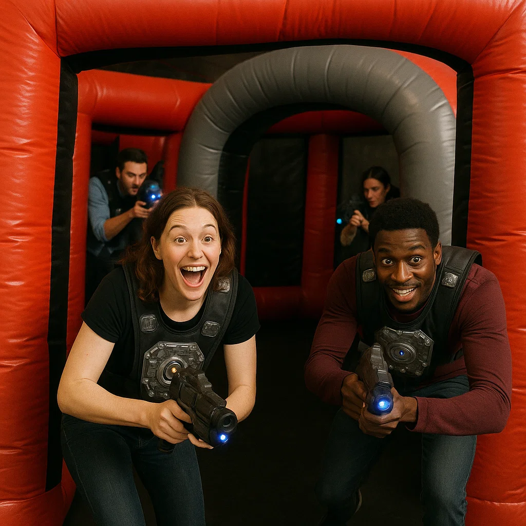 Laser tag rentals — triumphant stance after victory