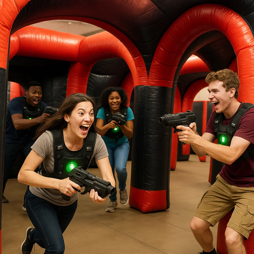 Laser tag rentals — referee laughs at a goofy move