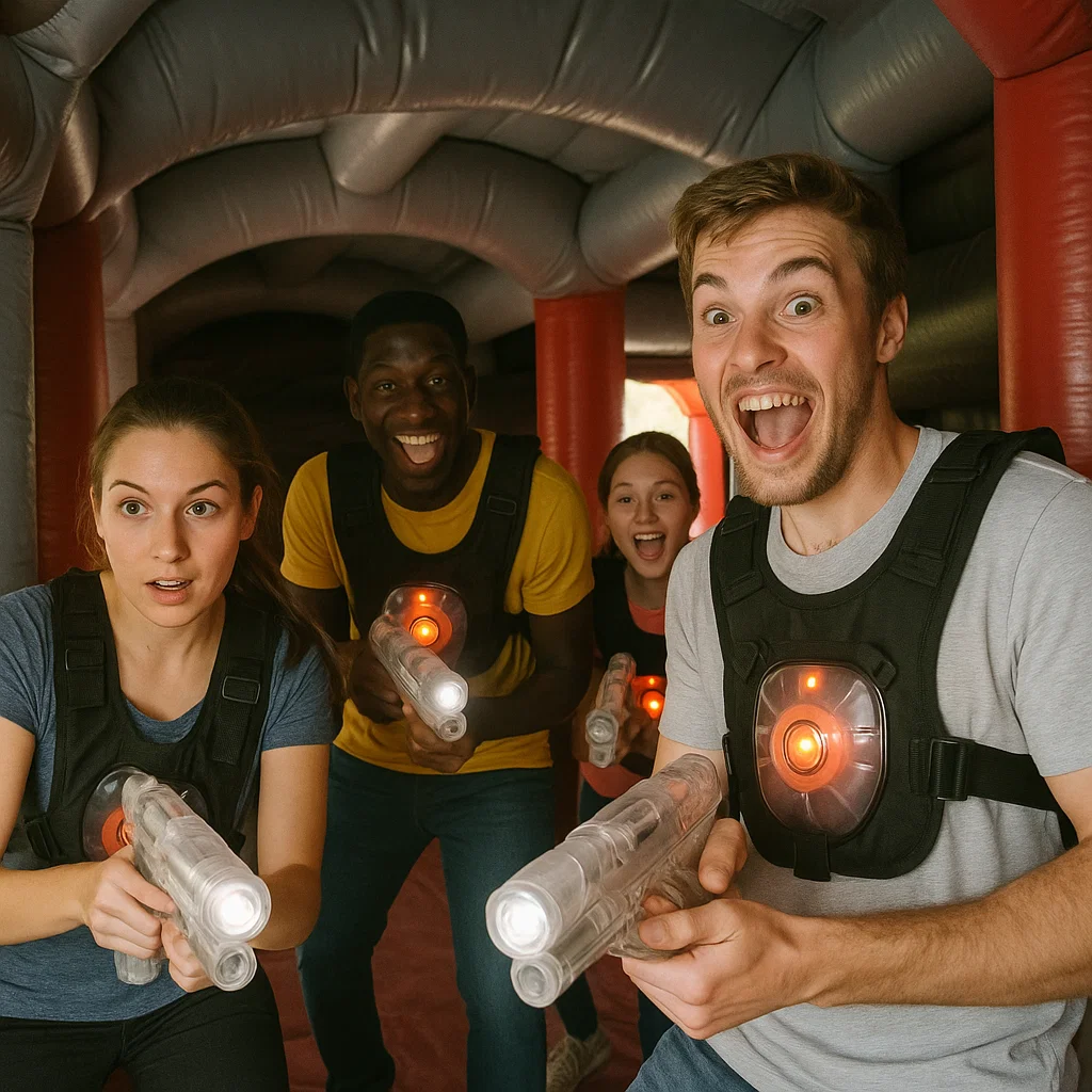 Laser tag rentals — teammates regroup near the base