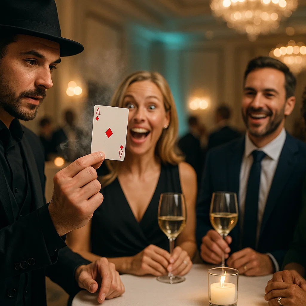 Close-up magician entertaining guests during cocktails