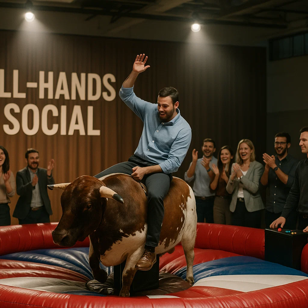 Mechanical bull rental with operator and inflatable landing zone