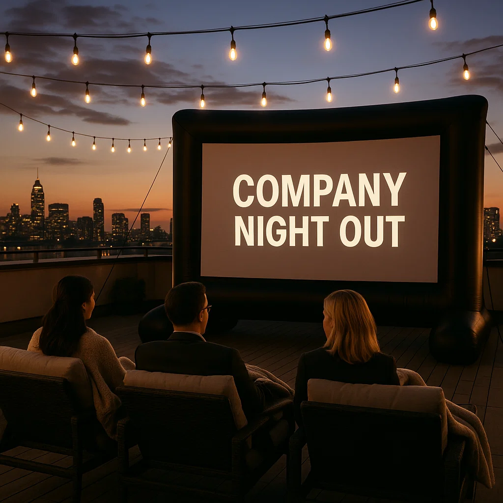 Outdoor movie night screen with projector and sound system