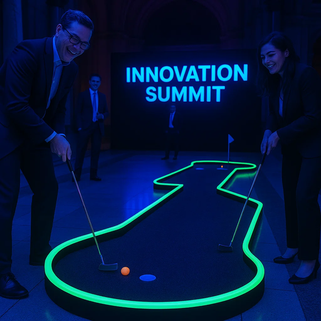 Glow mini golf course with blacklight obstacles and neon décor