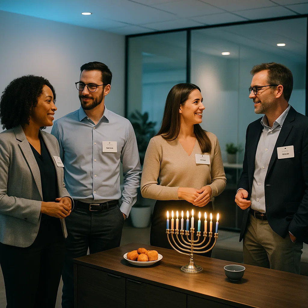 Corporate Hanukkah mixer in a modern office lounge with menorah