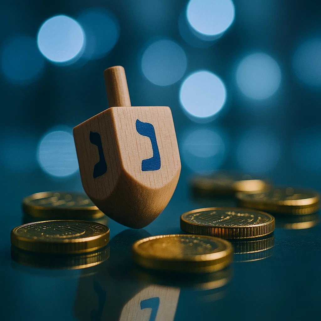 Dreidel and chocolate gelt on a glass table at a Philadelphia Hanukkah party