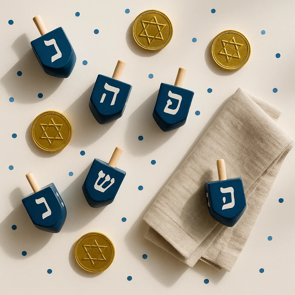 Overhead flat-lay of dreidels and gelt in a blue and white Hanukkah theme