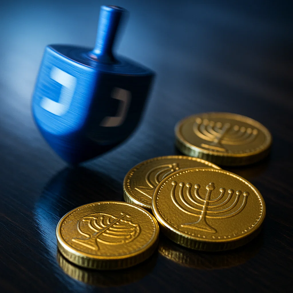 Dreidel spinning with gelt on a table