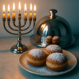 Menorah and sufganiyot on a holiday dessert table