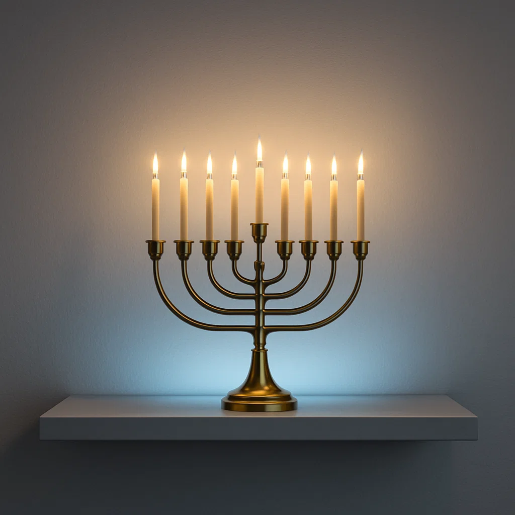 Menorah with soft blue uplighting on a modern shelf