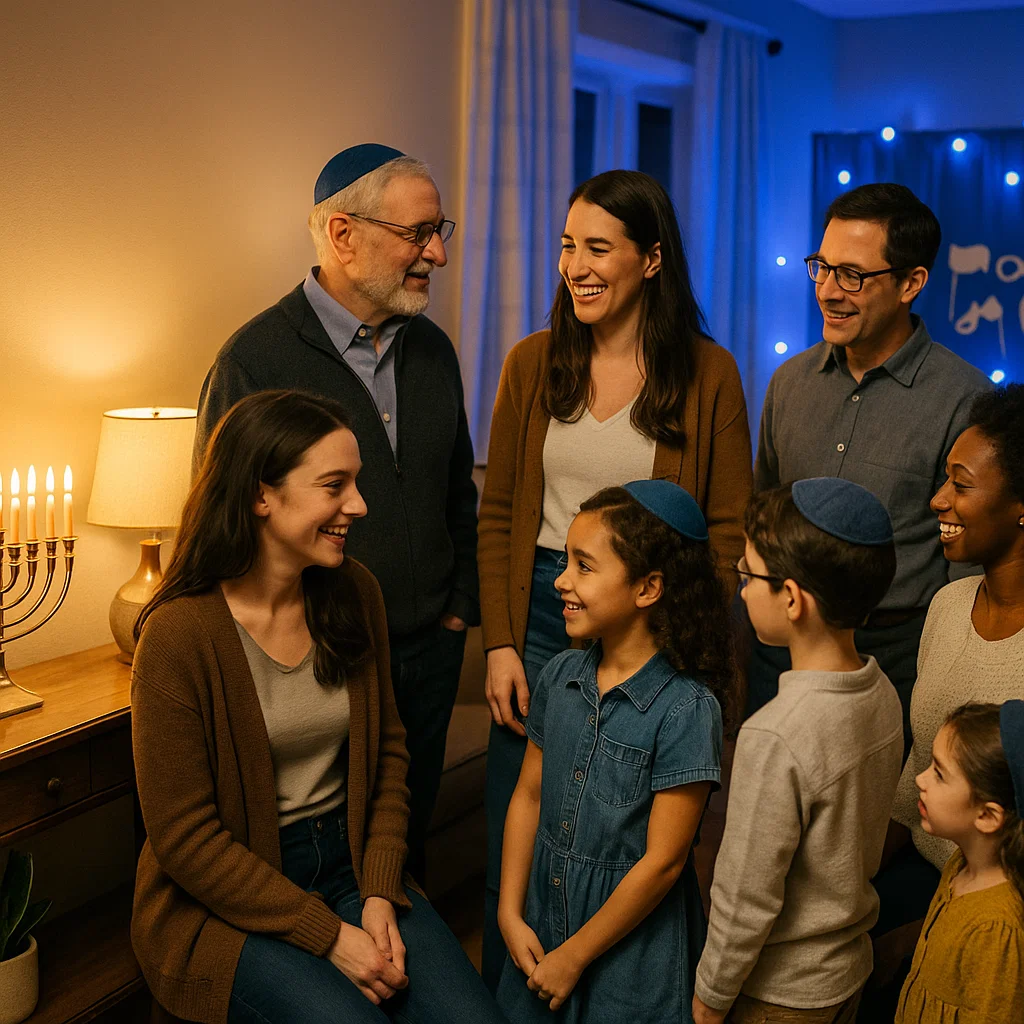 Cozy Hanukkah house party with menorah and sufganiyot