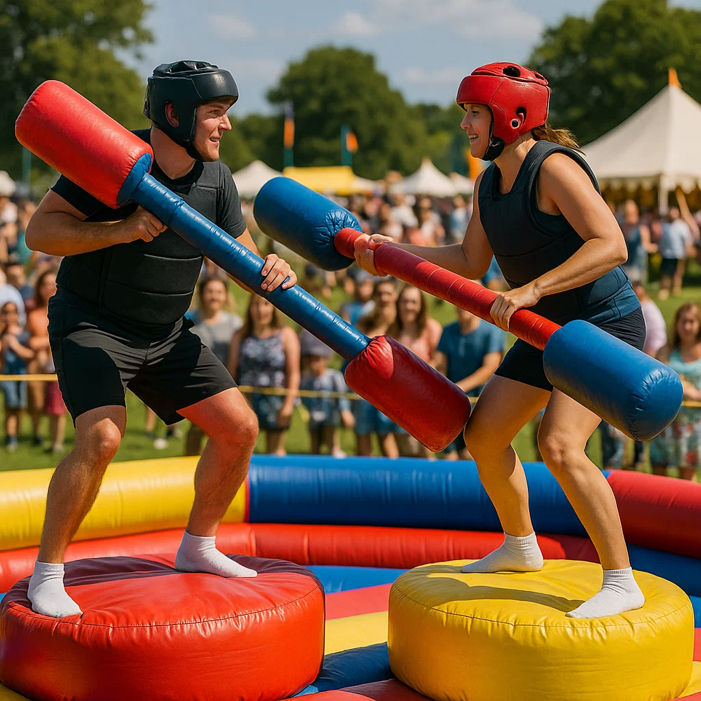 Friends dueling on inflatable gladiator jousting pedestals at a company picnic