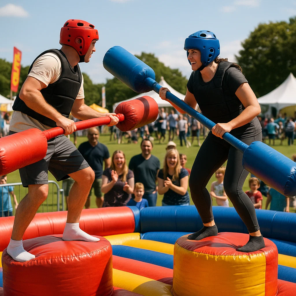 People enjoying inflatable gladiator jousting rentals at a fairground