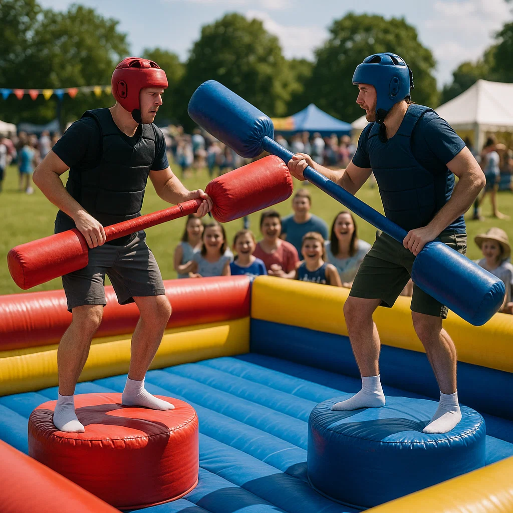 Adults competing on inflatable gladiator jousting rentals during a fun day