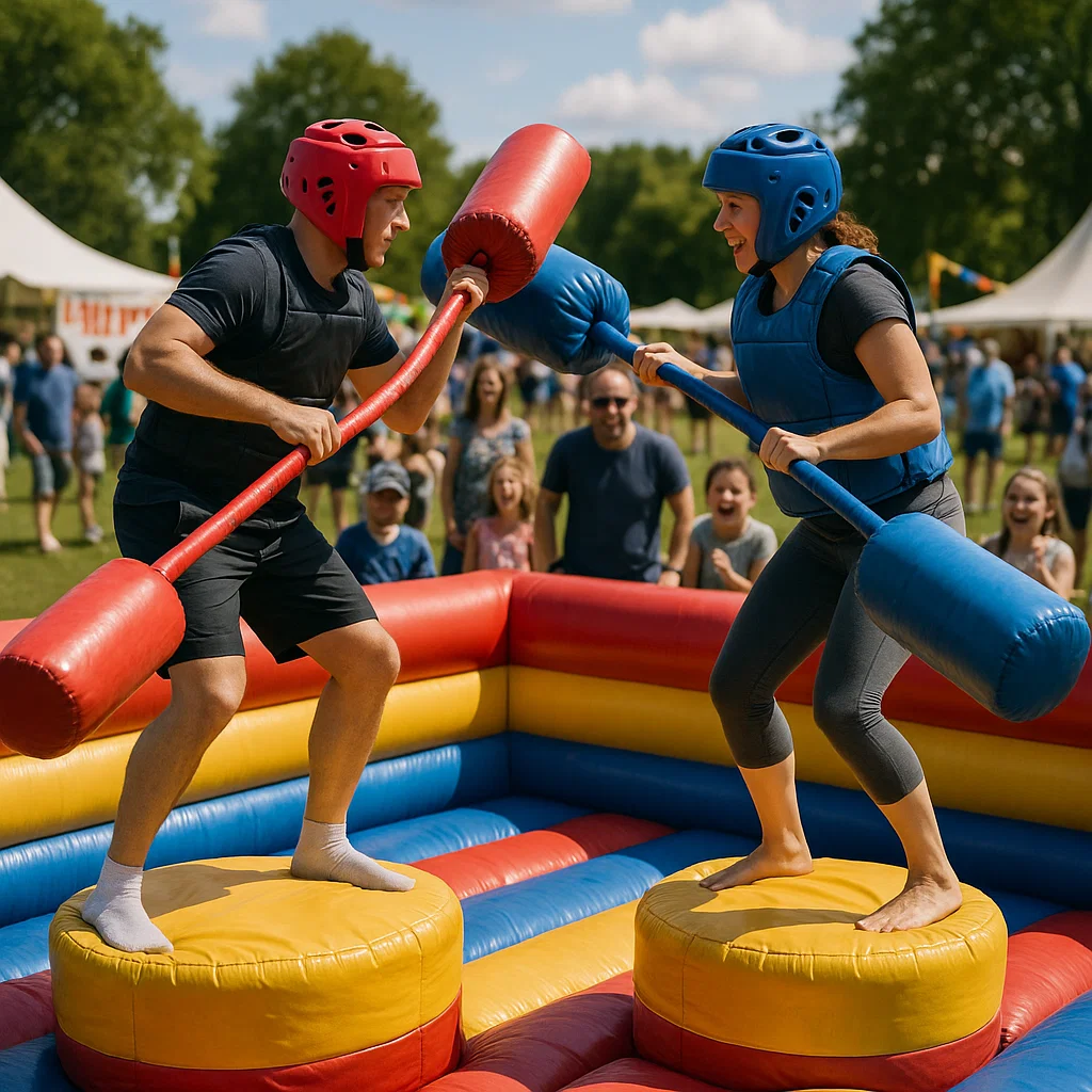 Inflatable gladiator jousting rental with helmets and padded poles outdoors