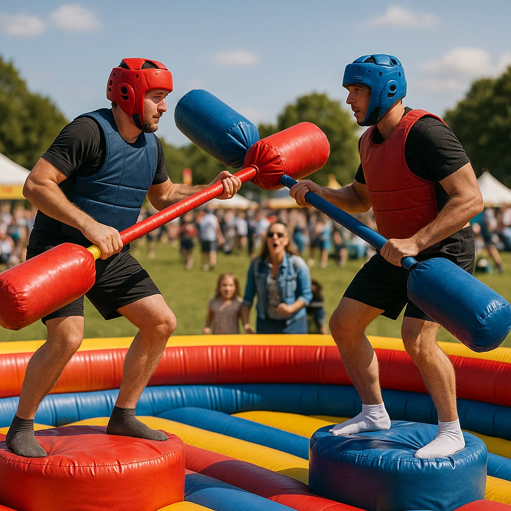 Participants jousting for fun on inflatable gladiator rental arenas outdoors