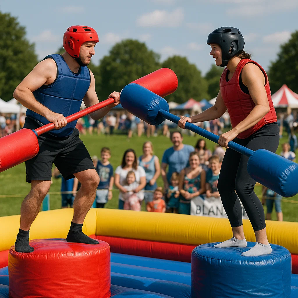 Players jousting on inflatable gladiator rentals during a corporate celebration