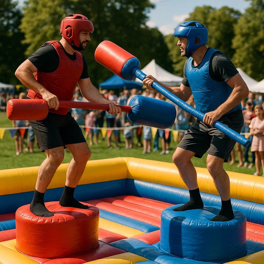 Inflatable gladiator jousting rental showing exciting friendly competition
