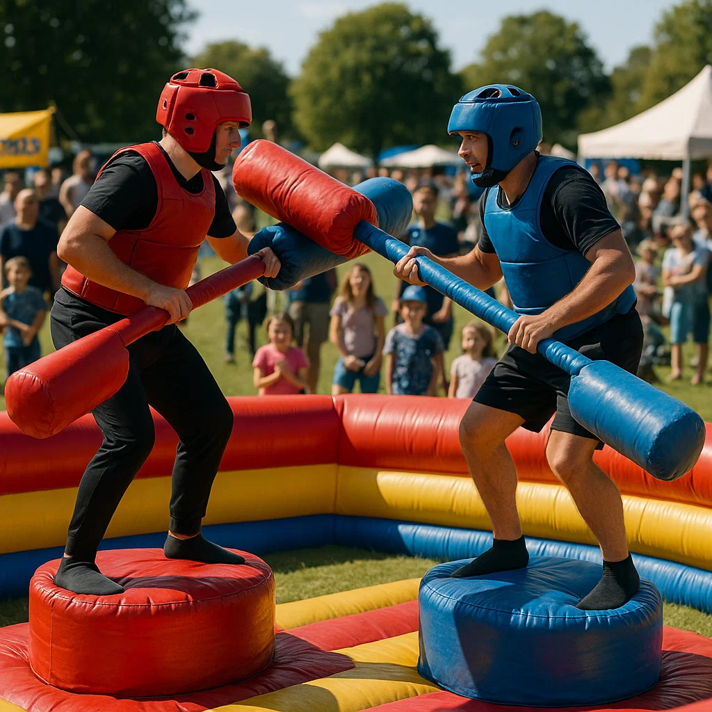People jousting on inflatable gladiator rental pedestals with foam sticks