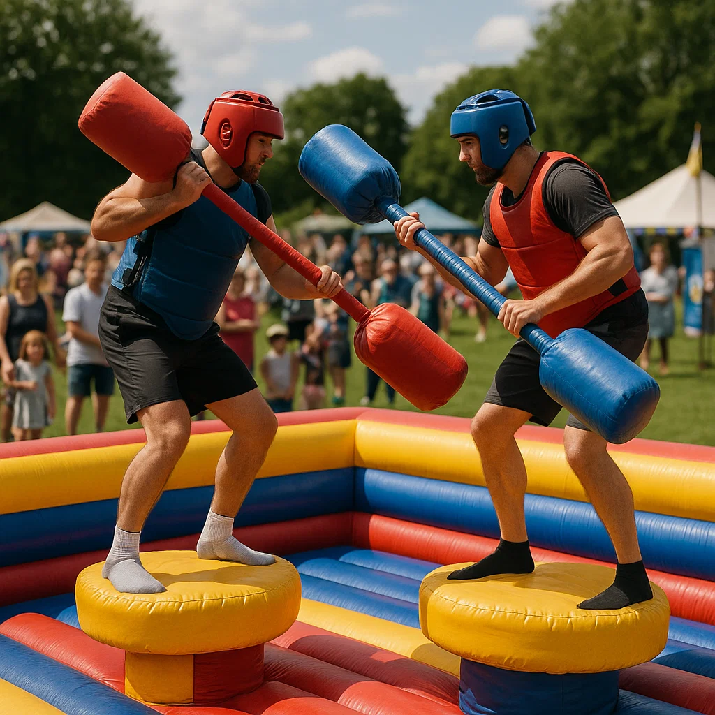 Players dueling on inflatable gladiator rental pedestals with foam batons