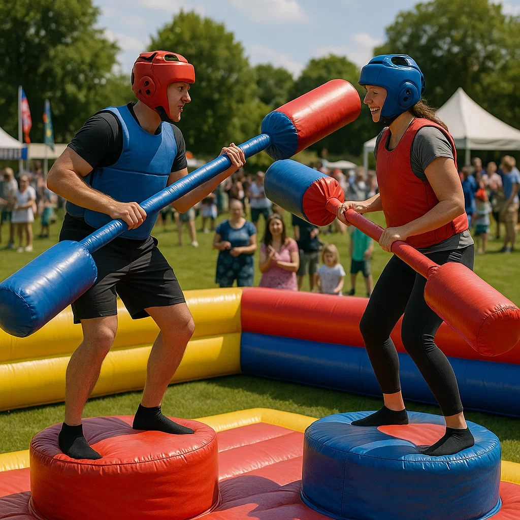 Contestants dueling on inflatable gladiator rentals during a summer fair