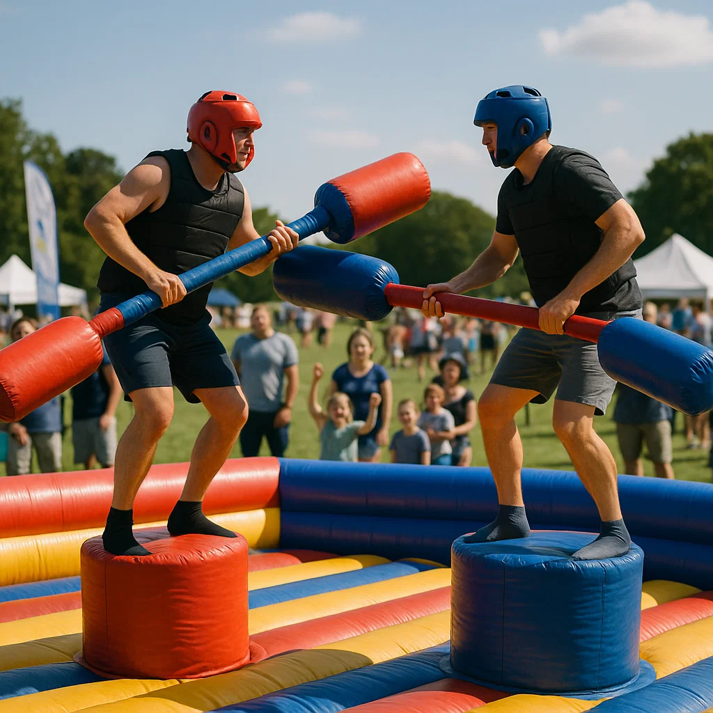 Adults jousting on inflatable gladiator rentals during a bright festival day