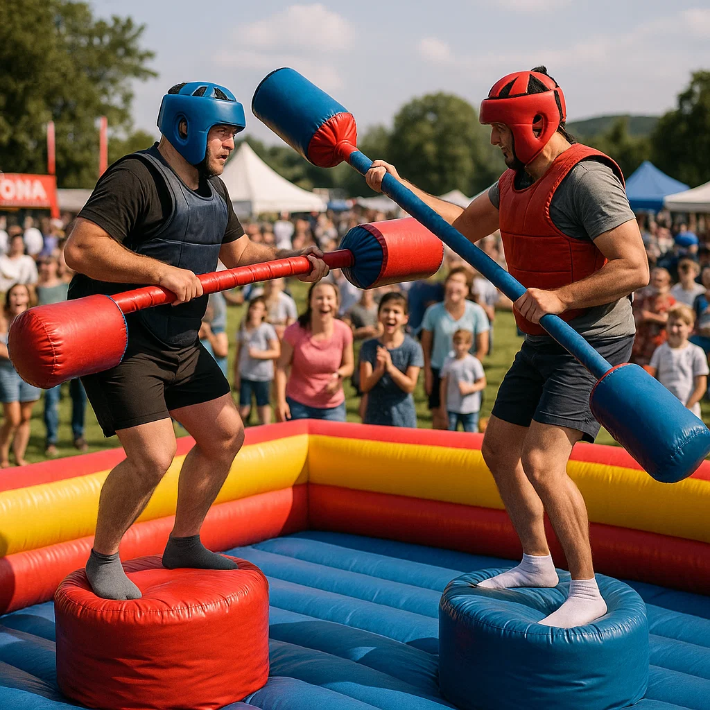 Inflatable gladiator jousting rental showcasing safe outdoor battle game