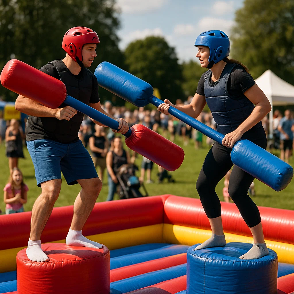 Two participants jousting on inflatable gladiator rentals with foam poles