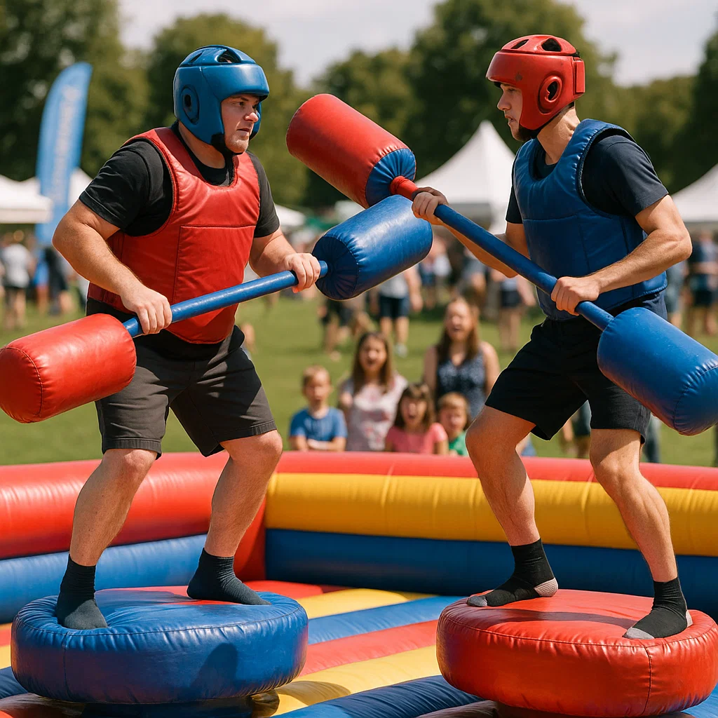 Two contestants balancing on inflatable gladiator rentals during a festival