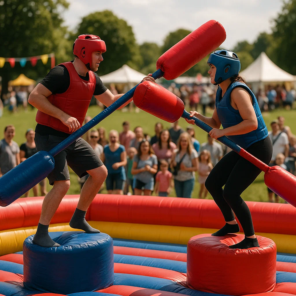 Participants balancing on inflatable gladiator rentals at a family festival