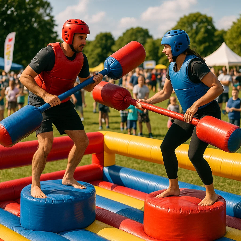 Inflatable gladiator jousting rental setup for community celebrations