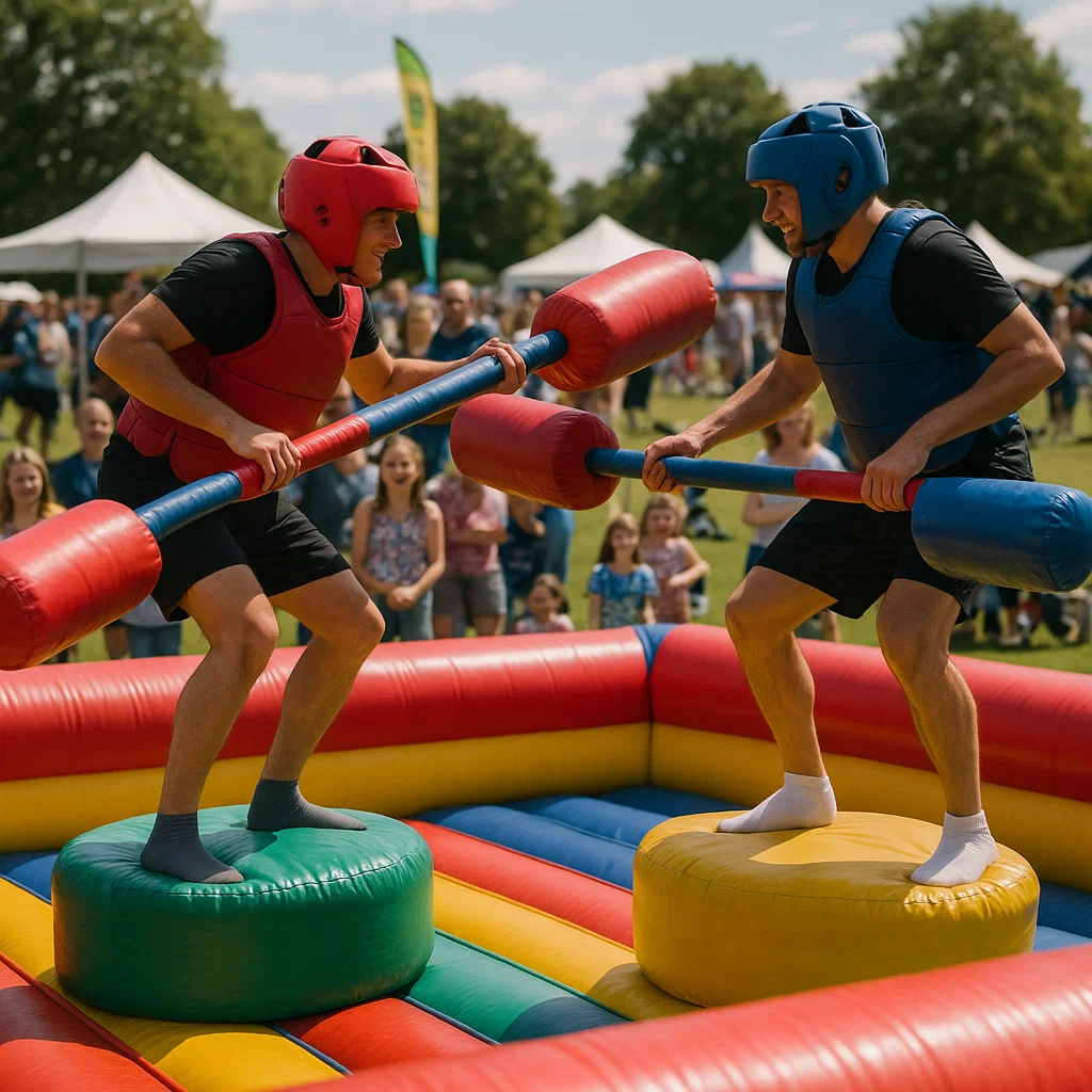 Participants jousting on inflatable gladiator rentals at outdoor picnics