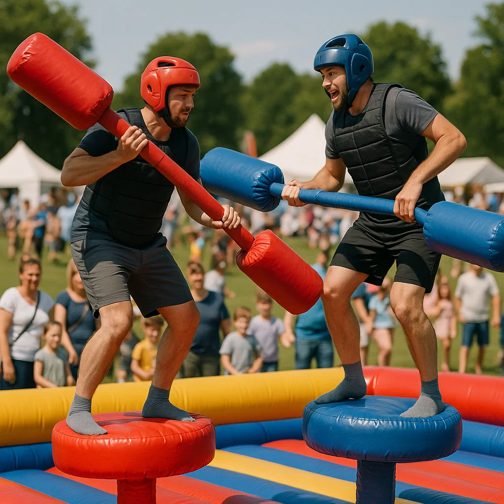 Inflatable gladiator jousting rental with two adults competing safely