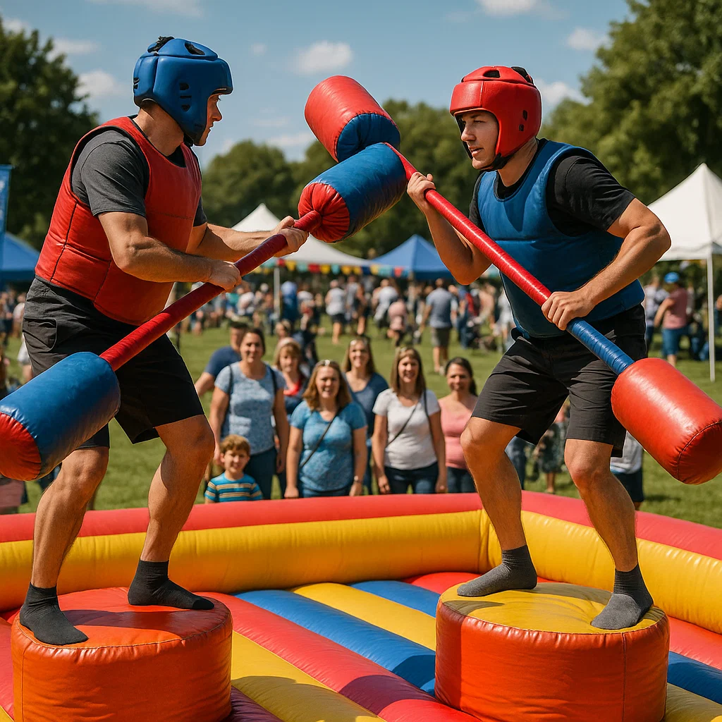 Participants jousting on inflatable gladiator rentals under blue skies