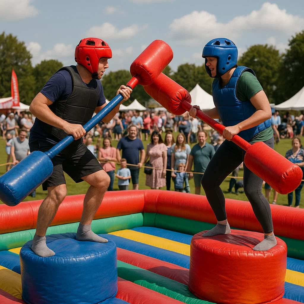 Contestants jousting for fun on inflatable gladiator rentals at a picnic