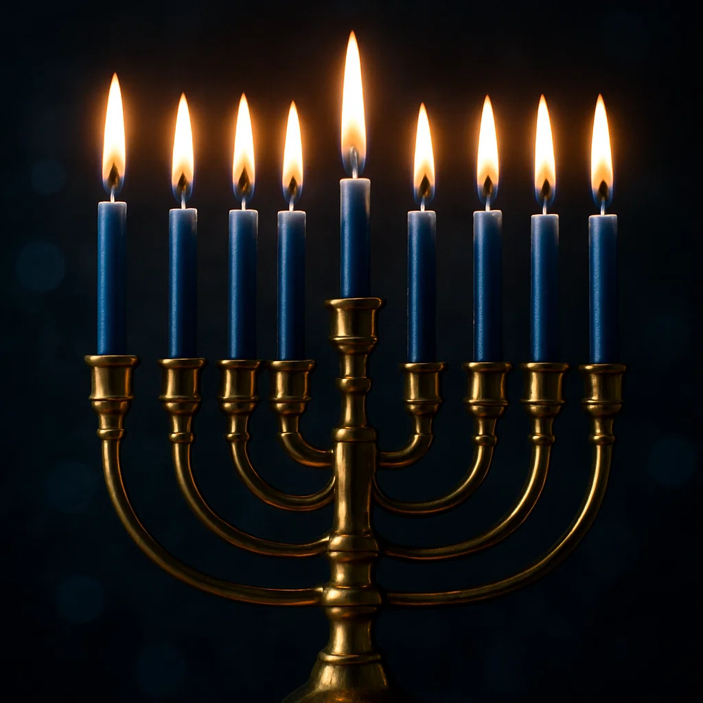 Blue candles glowing on a brass menorah at an event