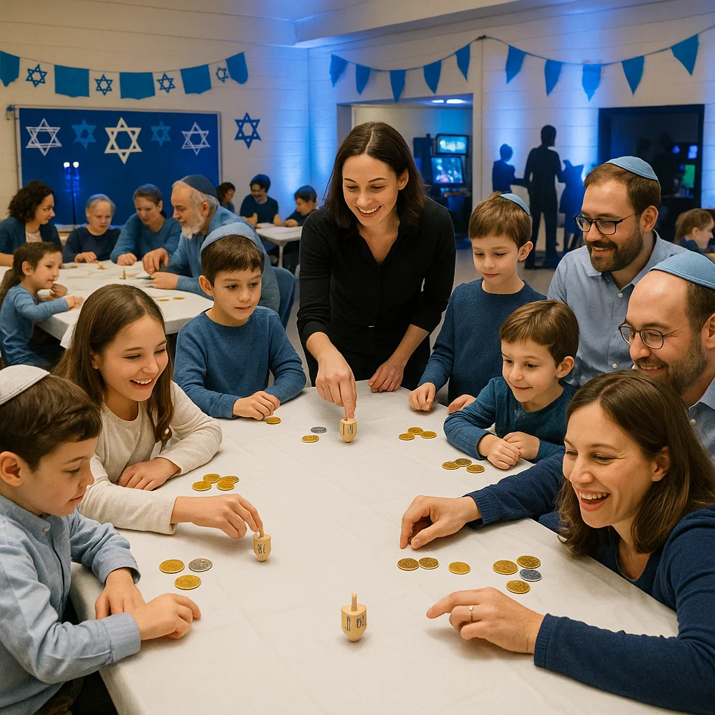 Families playing dreidel at a synagogue community Hanukkah night
