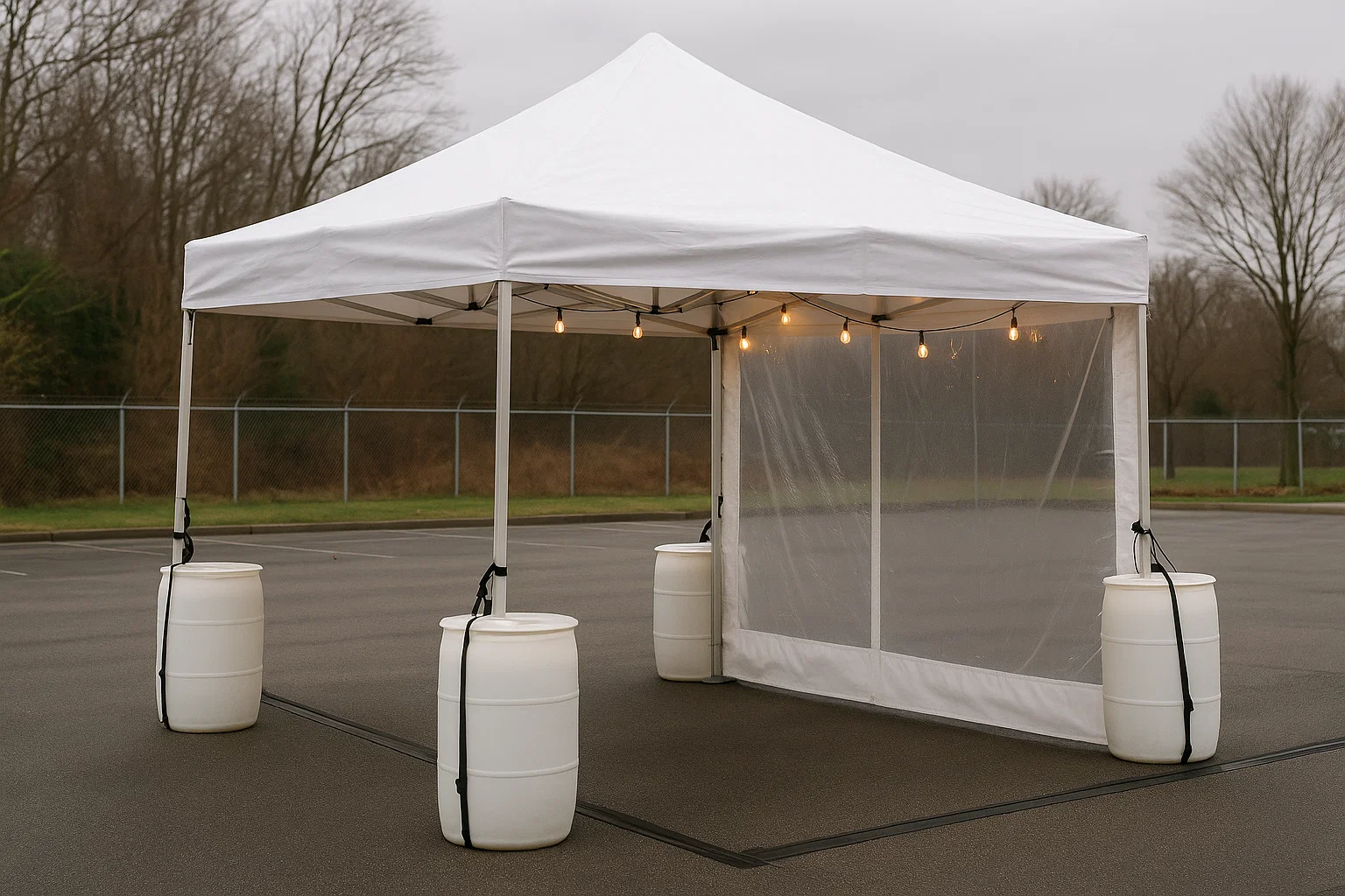 20×20 frame tent on pavement with sidewalls, ballast weights, and café lighting