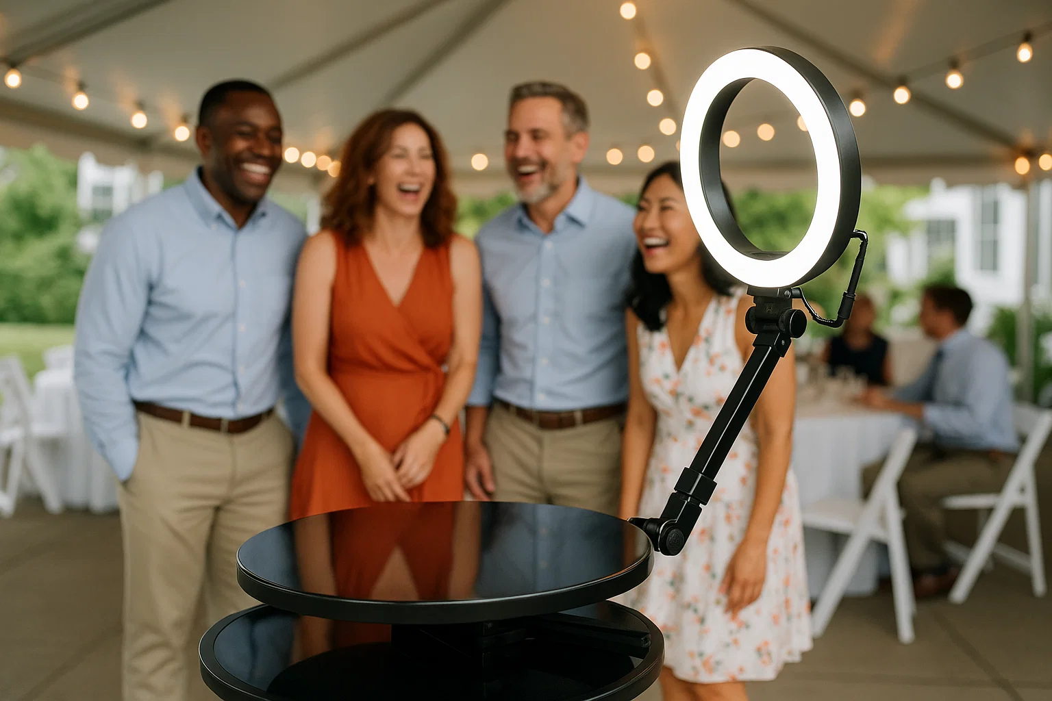 Employees laughing on a 360 photo booth platform at a summer corporate event under a tent with bright lights and camera rig