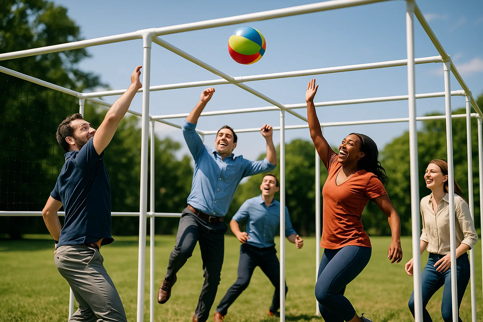 Employees playing 9 Square in the Air at a company picnic with blue skies and green grass showing teamwork and fun competition