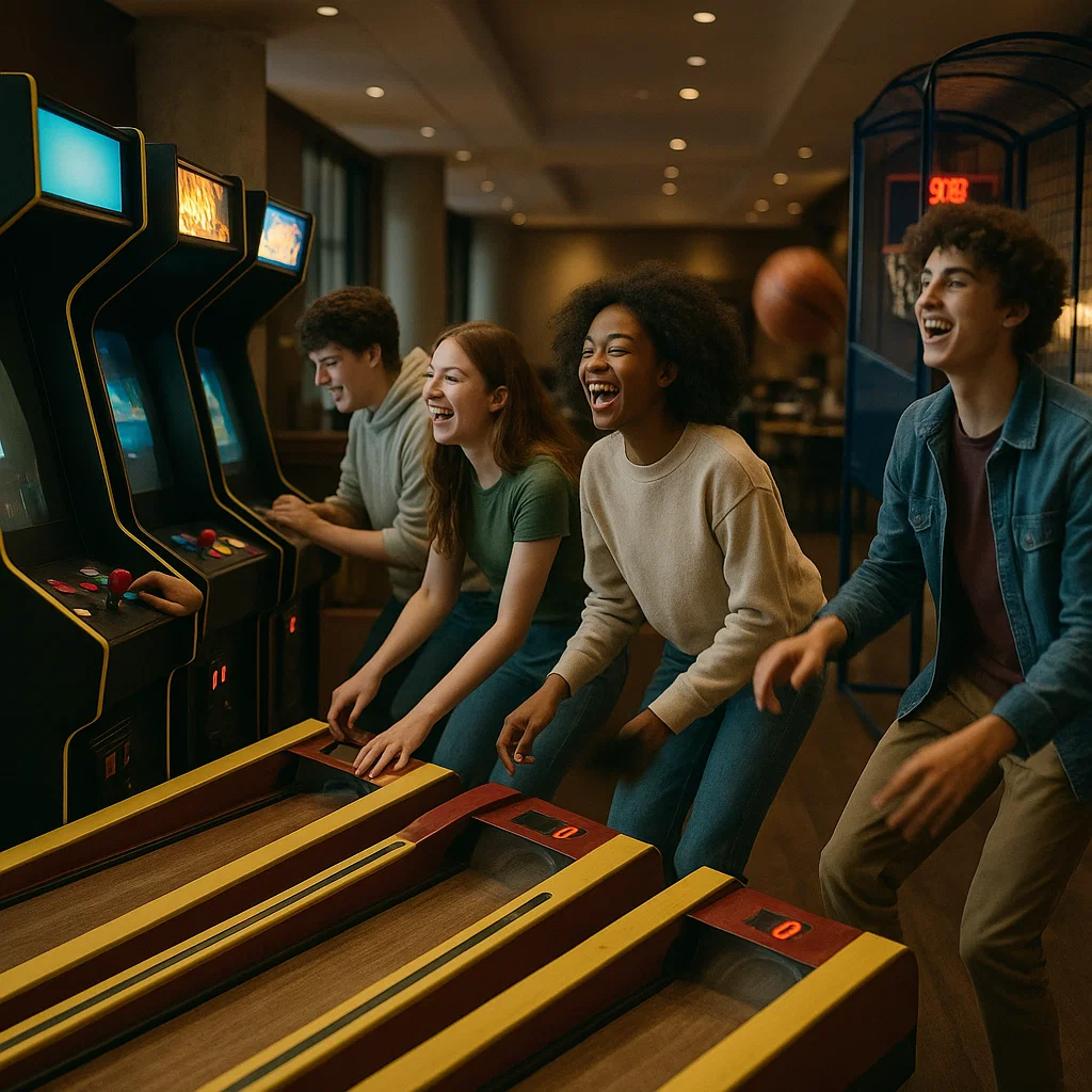 Row of classic arcade cabinets and pop-a-shot in glow lounge