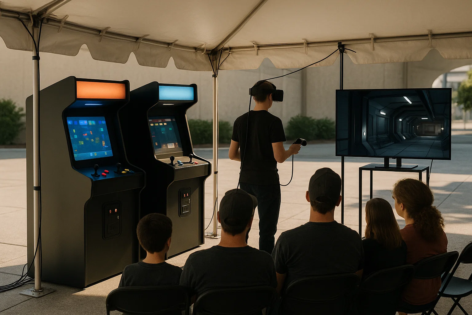 Arcade and VR corner beside the silent disco with tidy cable management and spectators