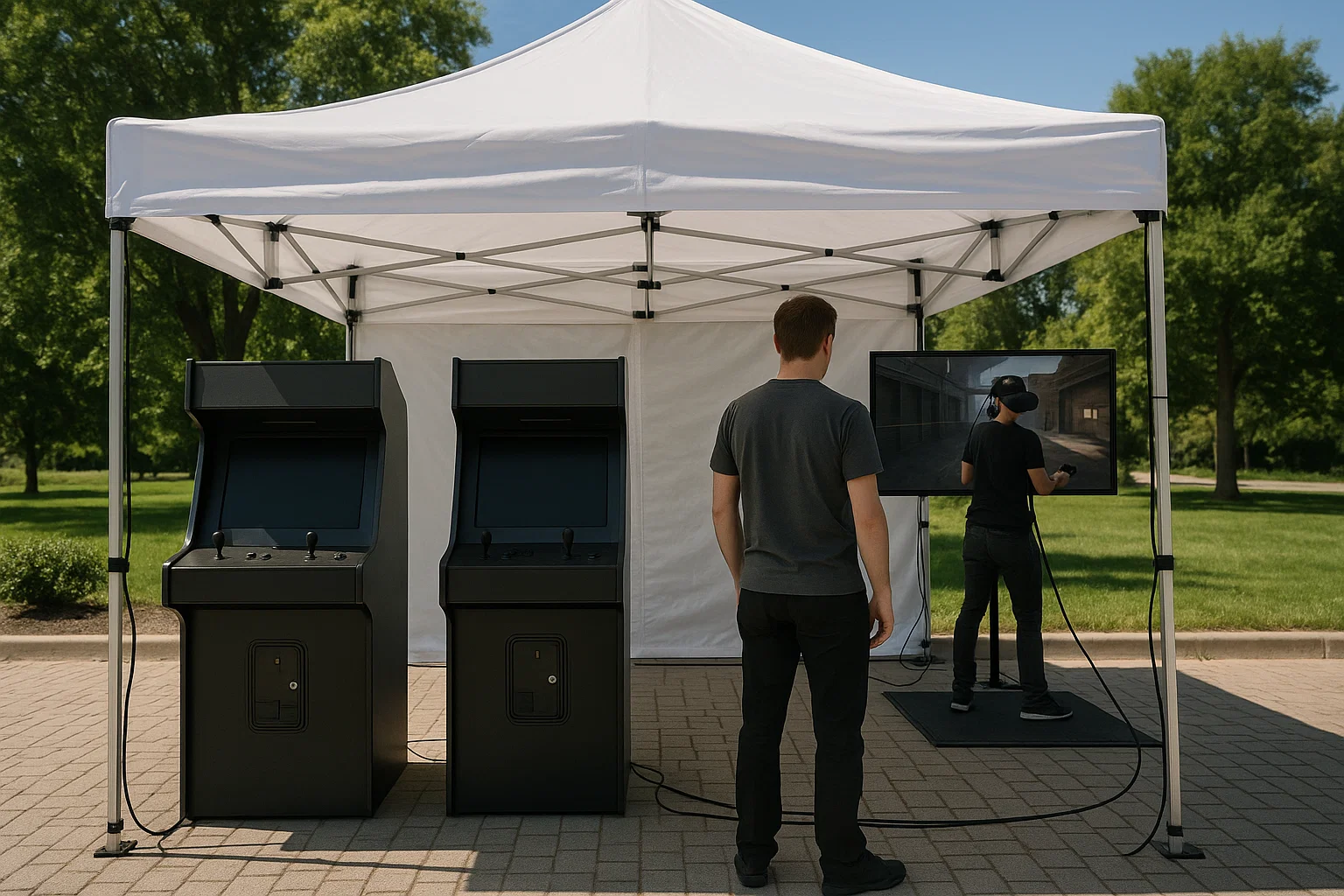 Two arcade cabinets and a VR station mirrored to a TV under a shade tent with organized power cables